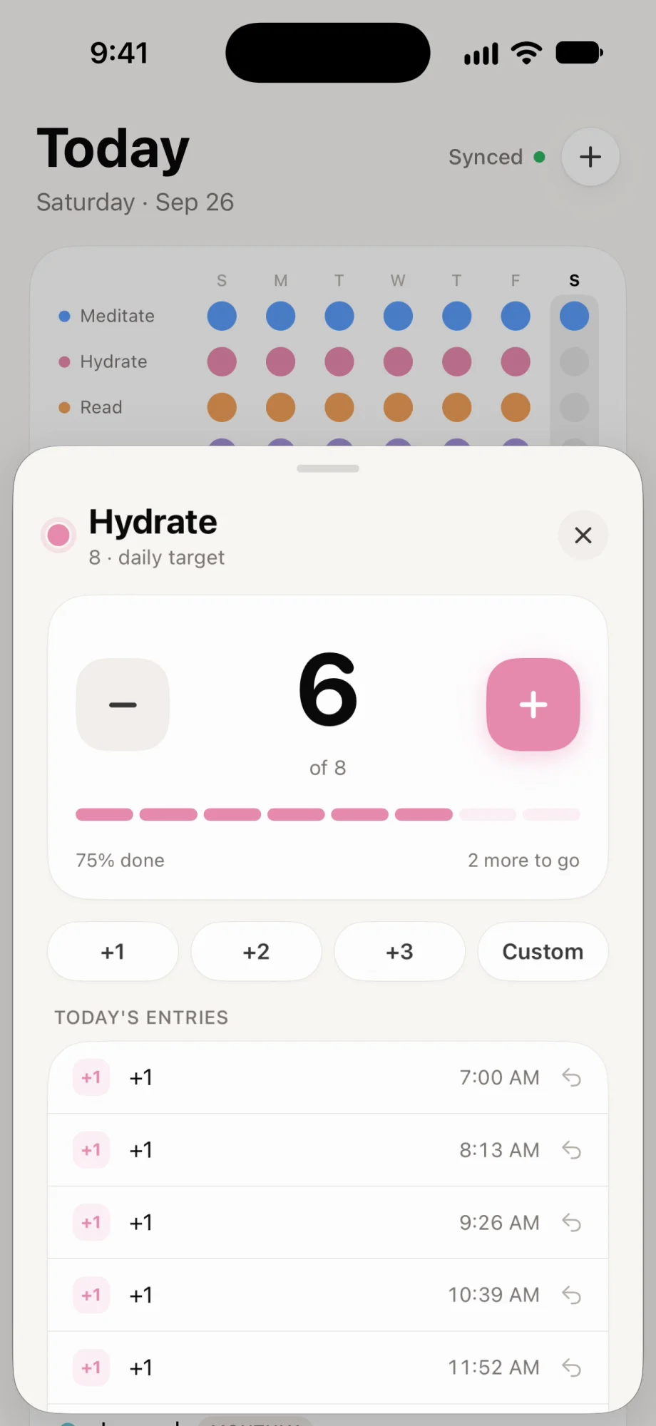 The Hydrate habit at six of eight, with buttons to add one, two or three