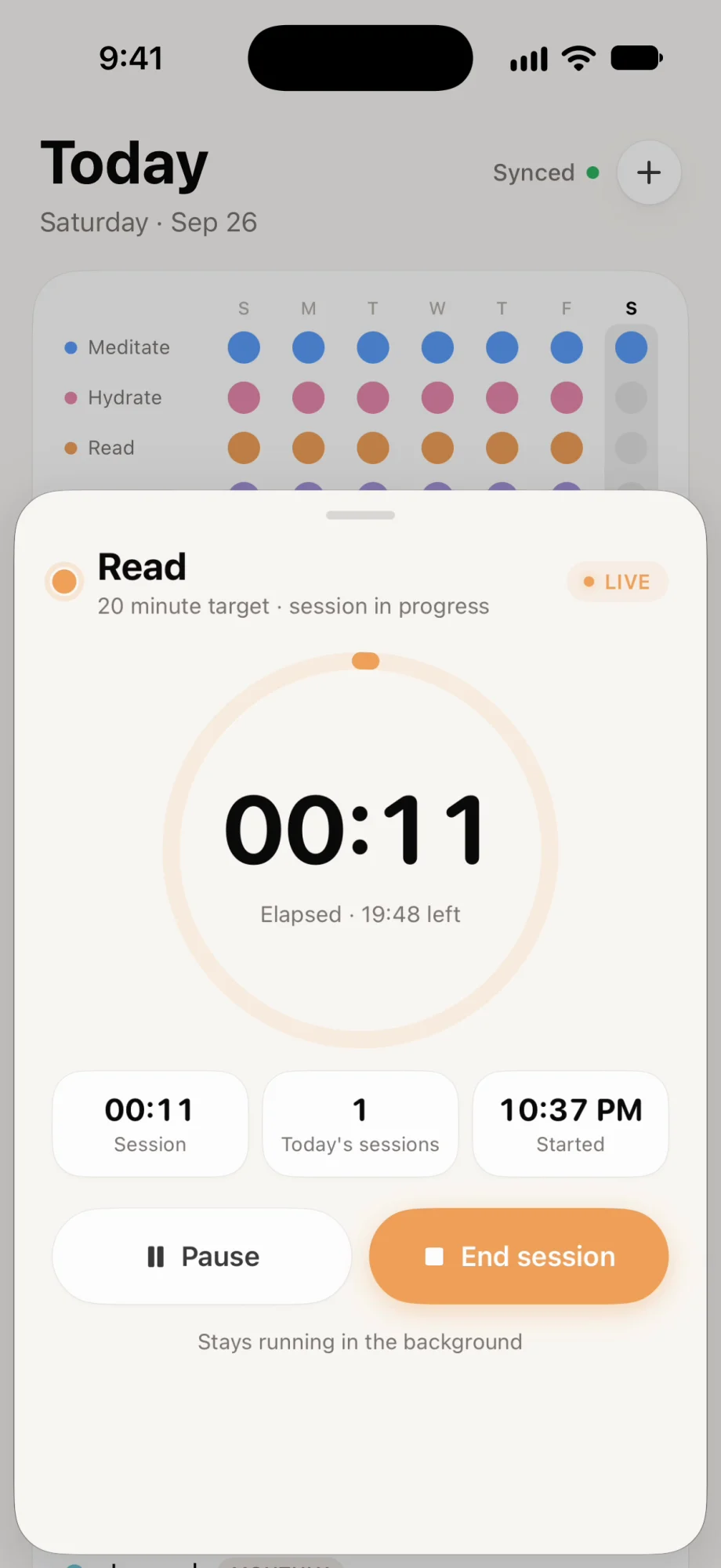 A timer session running for the Read habit, eleven seconds into a twenty minute target