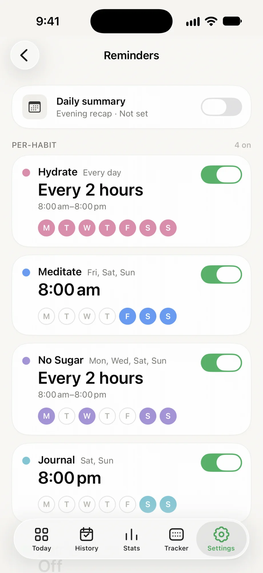 The Reminders screen with a different reminder schedule for each habit