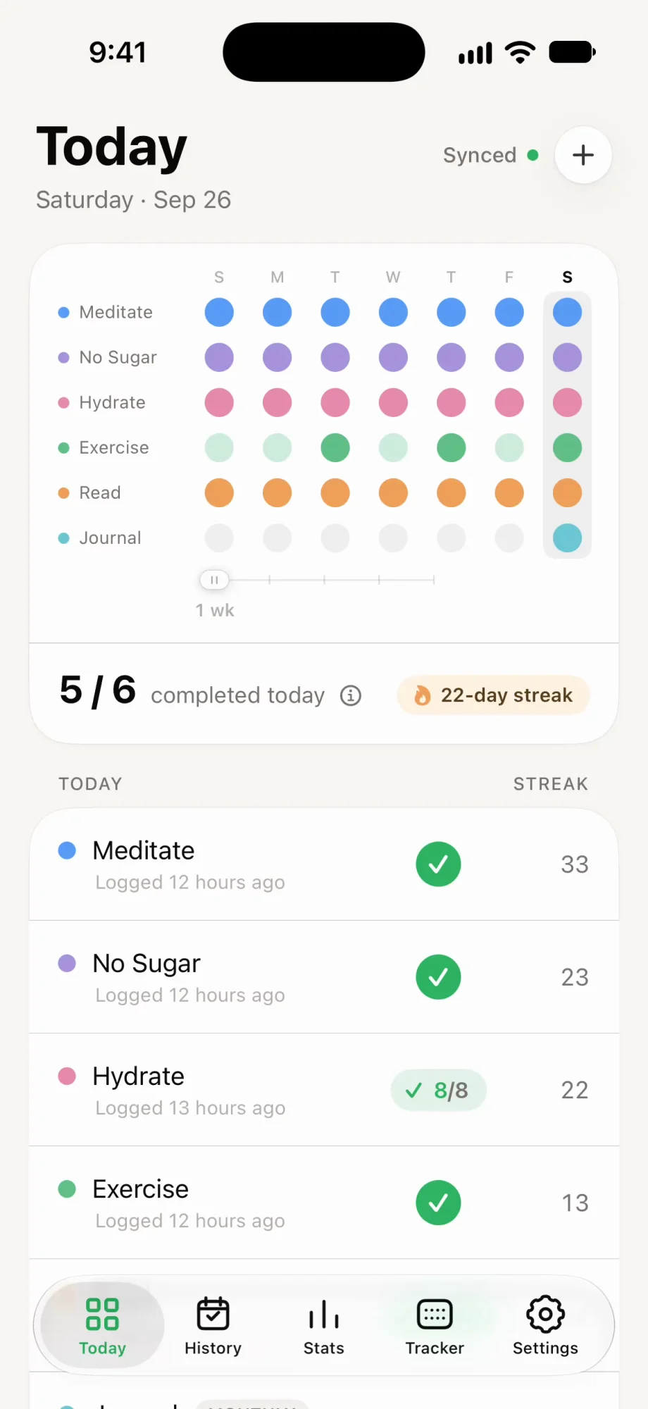 The Today screen with the weekly habit grid above today’s list of habits