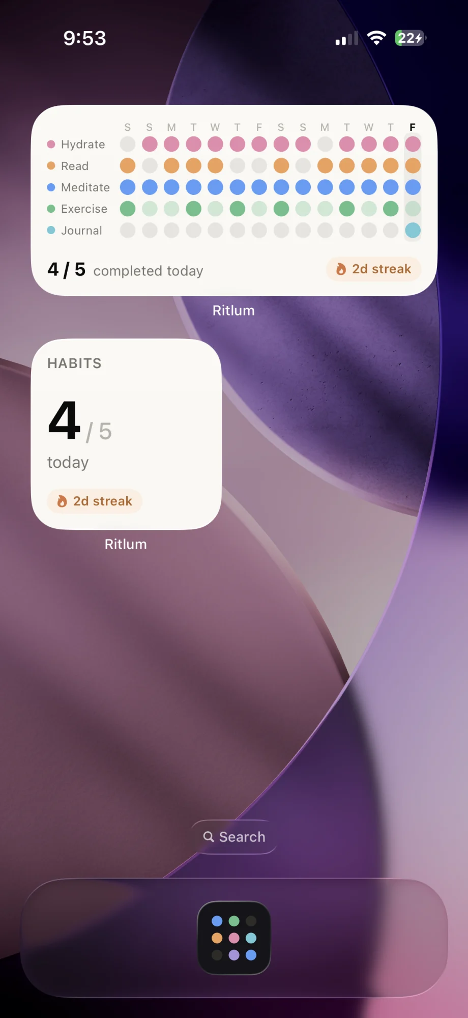 Two Ritlum widgets on an iPhone Home Screen: the habit grid and today’s count