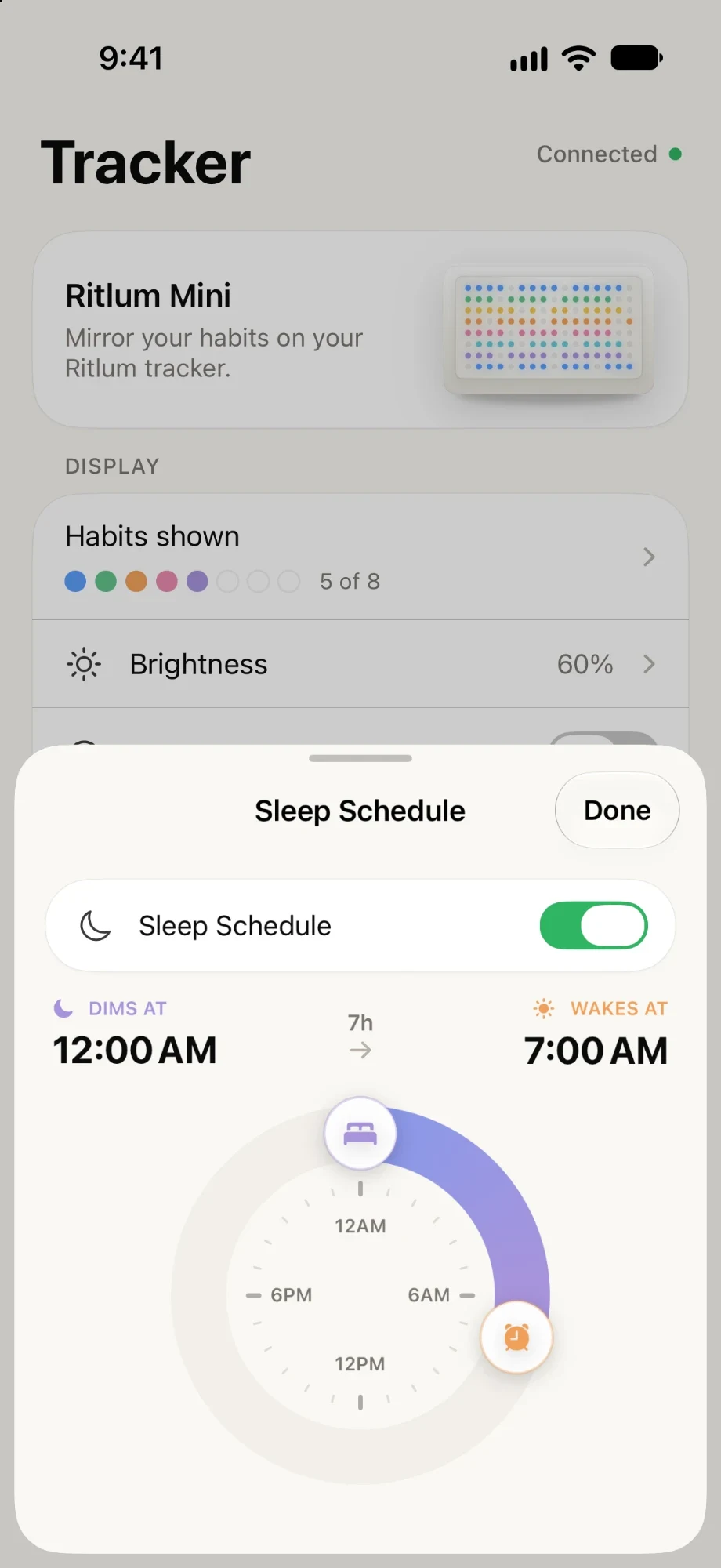The Sleep Schedule sheet dimming mini at 12:00 AM and waking it at 7:00 AM