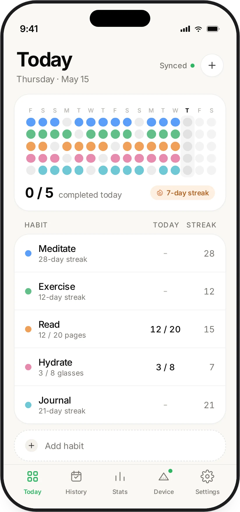 Ritlum’s Today screen with no habits logged yet