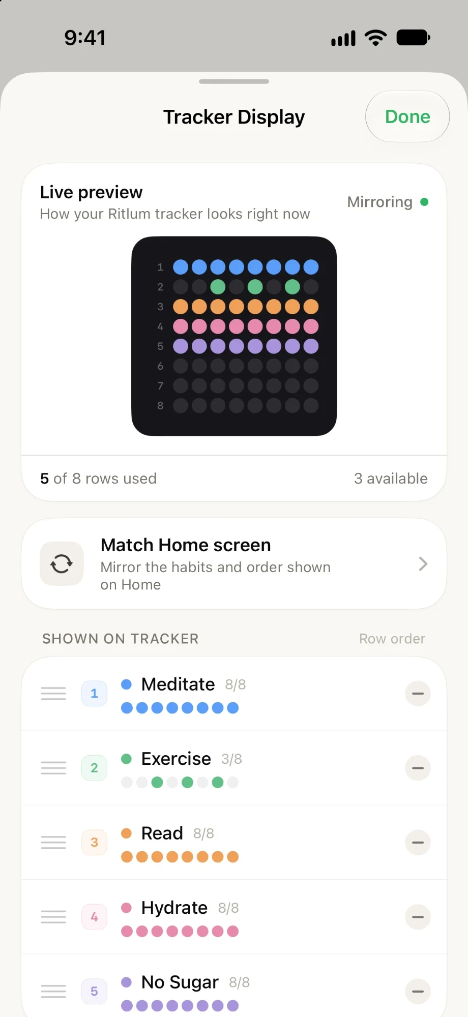 The Tracker Display screen with a live preview of the 8 by 8 grid and five habits in row order