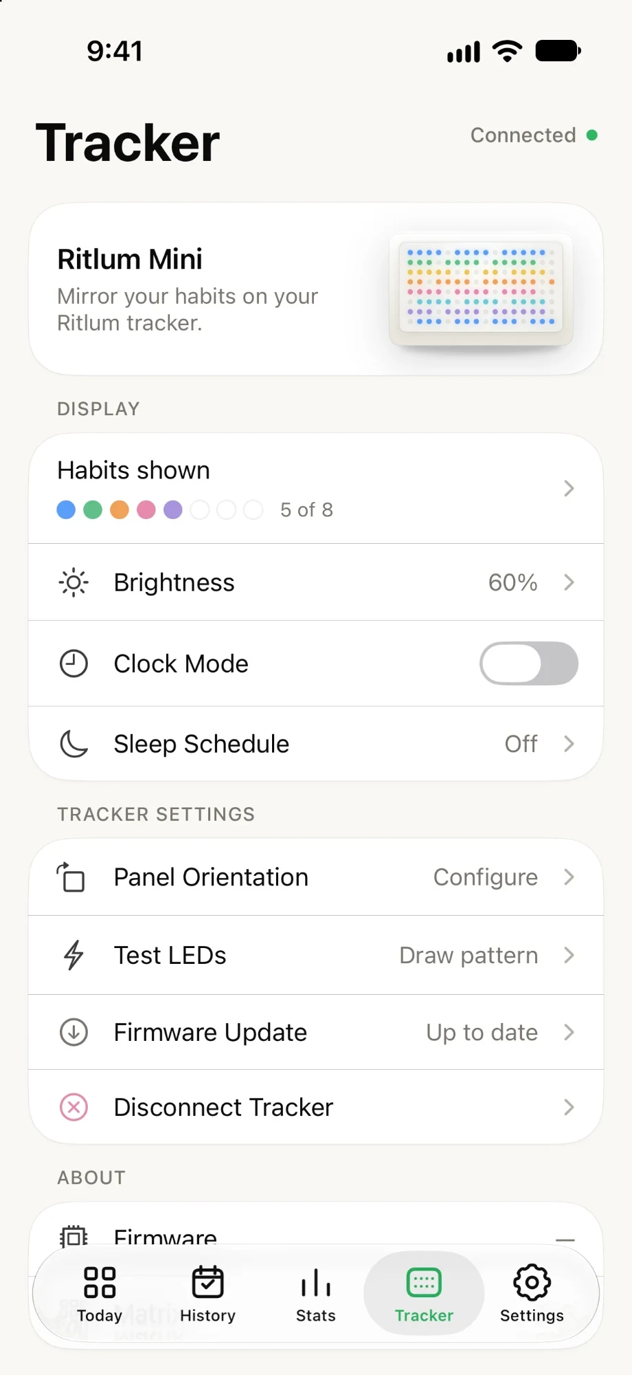 The Tracker tab showing habits shown, brightness, clock mode and sleep schedule