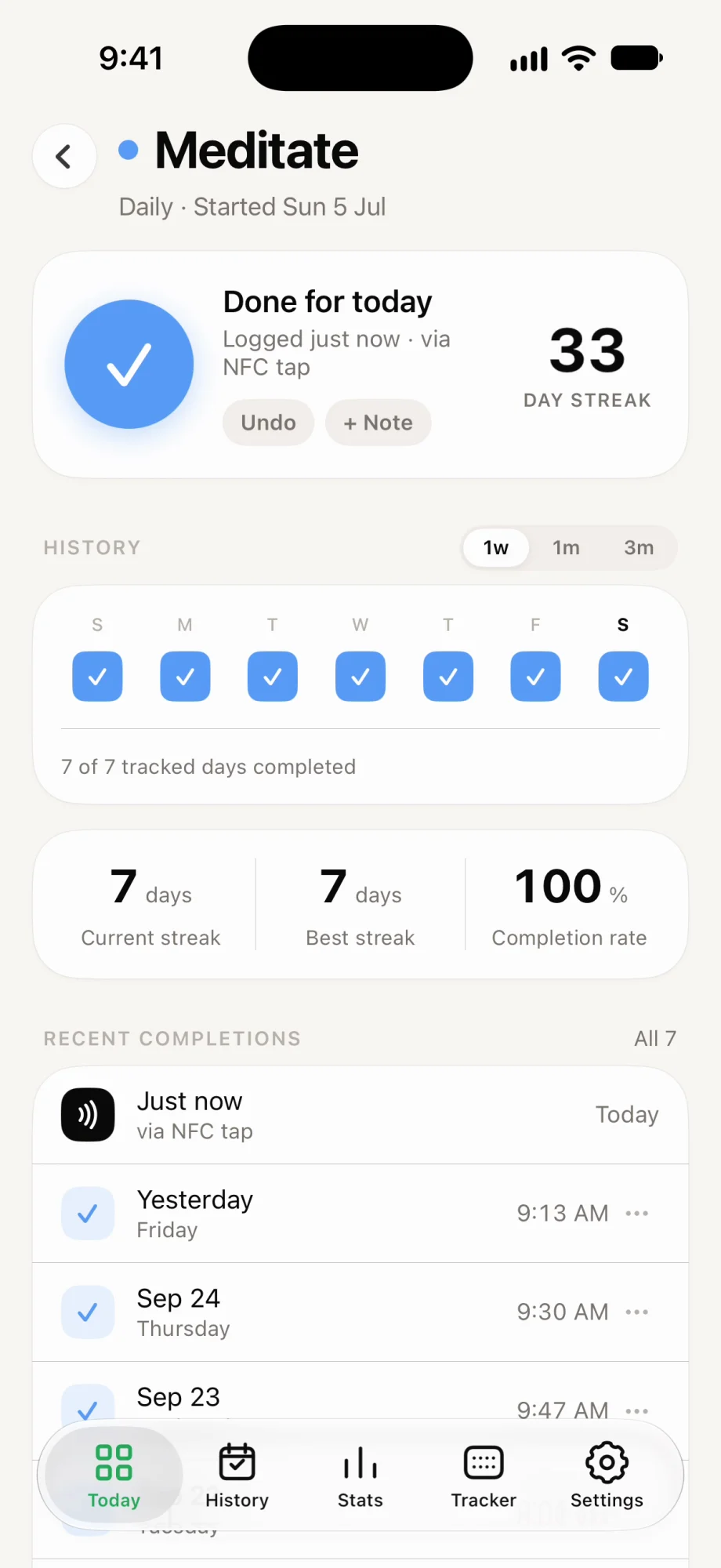 The Ritlum app showing Meditate done for today, logged just now via NFC tap, with a 33-day streak