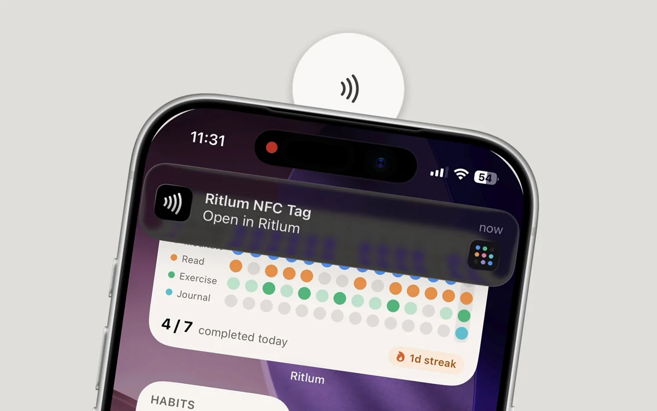An iPhone held to a Ritlum NFC tag, showing the Ritlum NFC Tag notification
