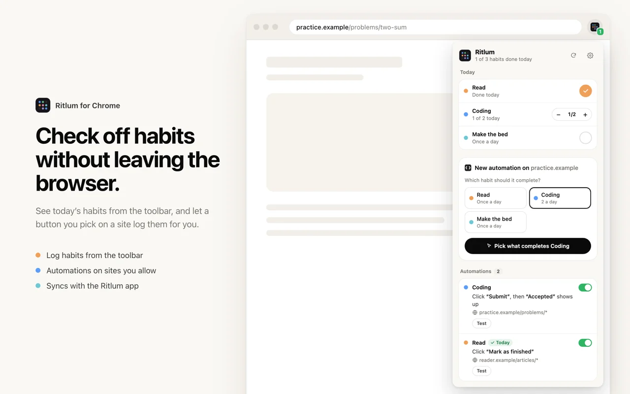 The Ritlum Chrome extension popup showing today's habits and an automation that logs a coding habit when a submission is accepted